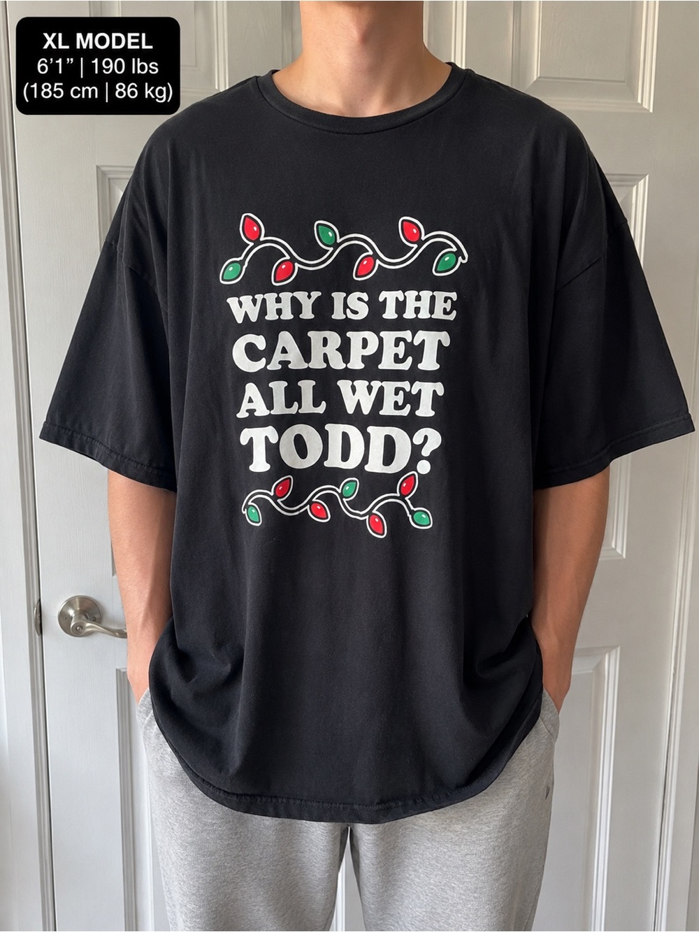 Black Graphic Tee with Holiday Lights "Why Is The Carpet All Wet Todd?"